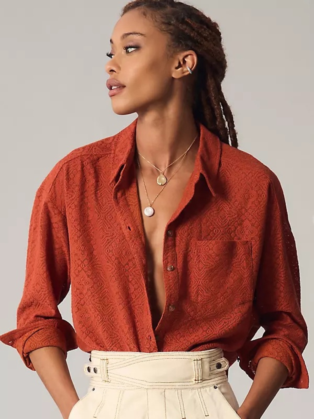 Anthropologie Burnt Orange Lace Button-Down Shirt Small